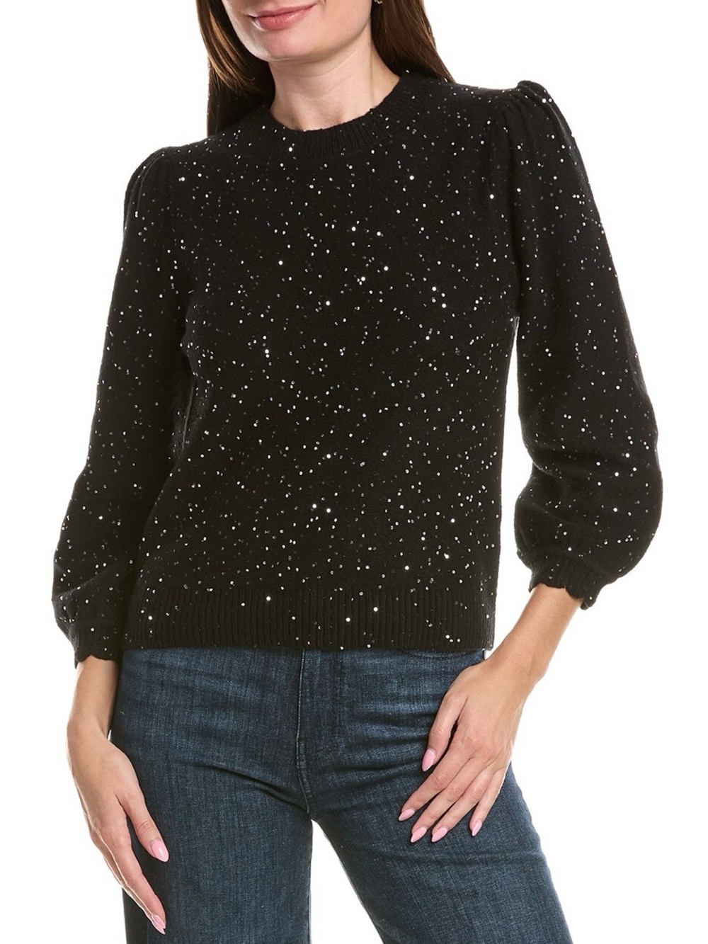 Michael Stars Deanna Black Sequin Balloon Sleeve Crewneck Sweater